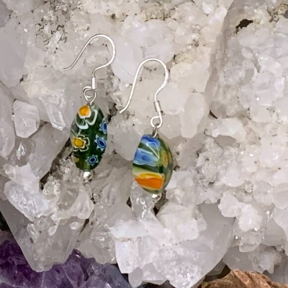 Sterling Silver Black Murano Glass Millefiori Drop Earrings J526 - Picture 3 of 5